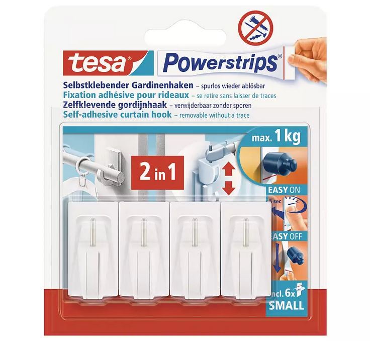 tesa Powerstrips Vario-Gardinenhaken (1 kg), selbtsklebend, 4 Stück