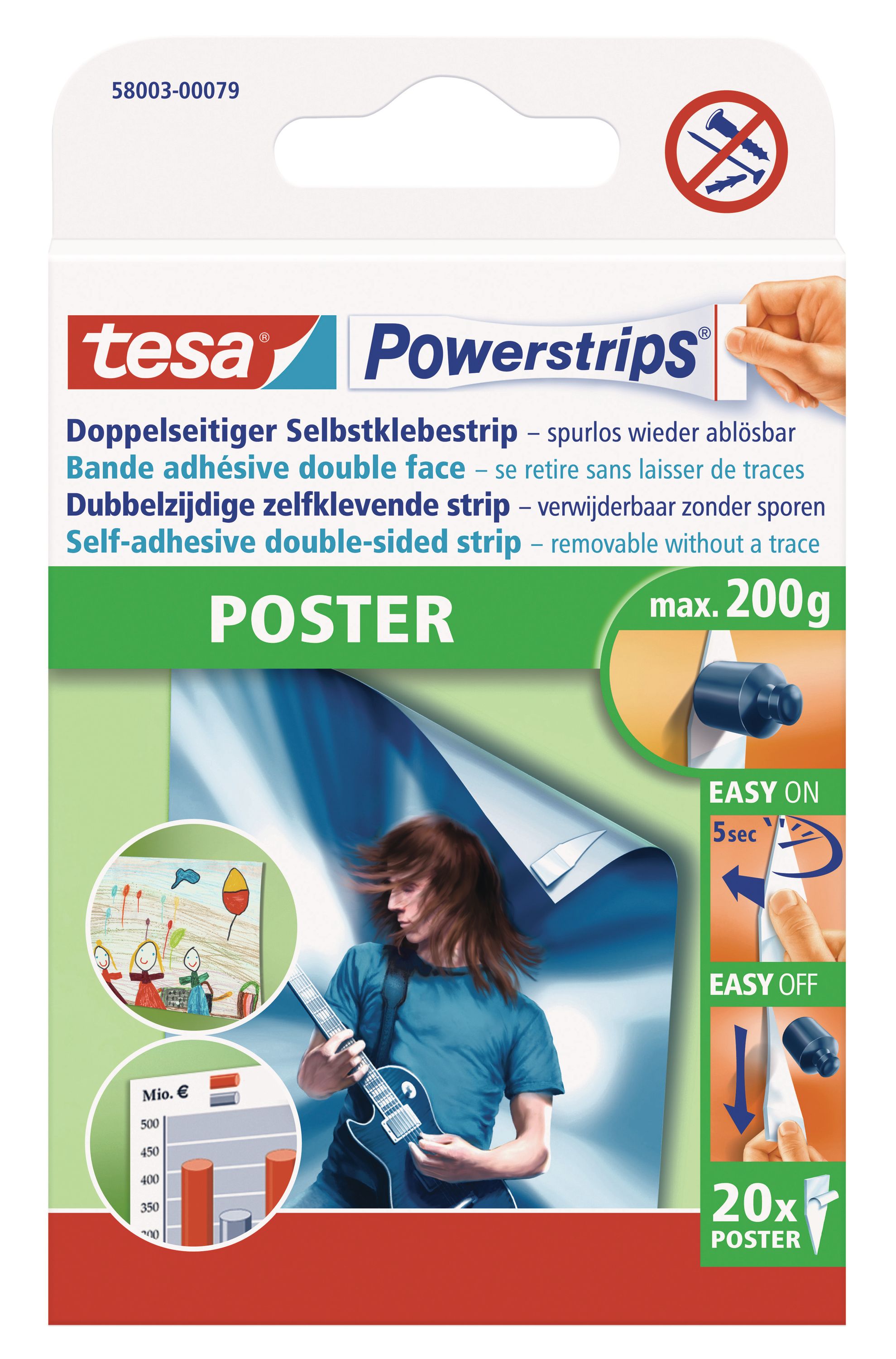 tesa Powerstrips, Poster (0,2 kg), Doppelseitiger Klebestreifen, 20 Stück